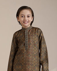 Manyavar Boys Boys Dark Green Mustard Chowkadi Motifs Kurta Set