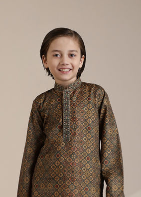 Manyavar Boys Boys Dark Green Mustard Chowkadi Motifs Kurta Set image number 0