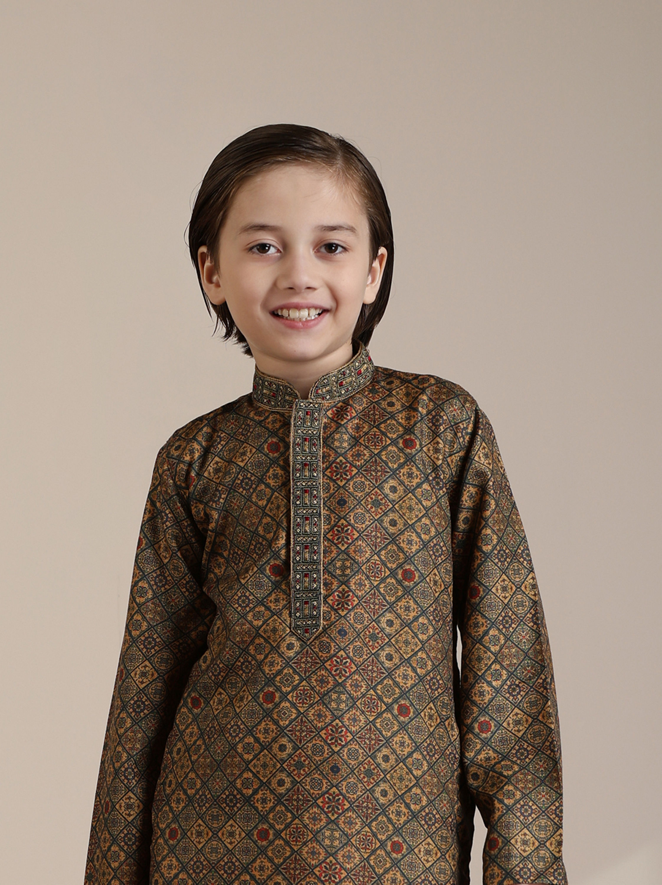 Manyavar Boys Boys Dark Green Mustard Chowkadi Motifs Kurta Set