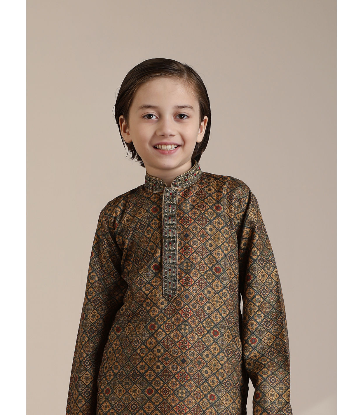 Manyavar Boys Boys Dark Green Mustard Chowkadi Motifs Kurta Set
