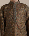 Manyavar Boys Boys Dark Green Mustard Chowkadi Motifs Kurta Set