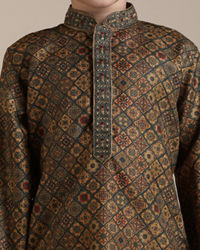 Manyavar Boys Boys Dark Green Mustard Chowkadi Motifs Kurta Set