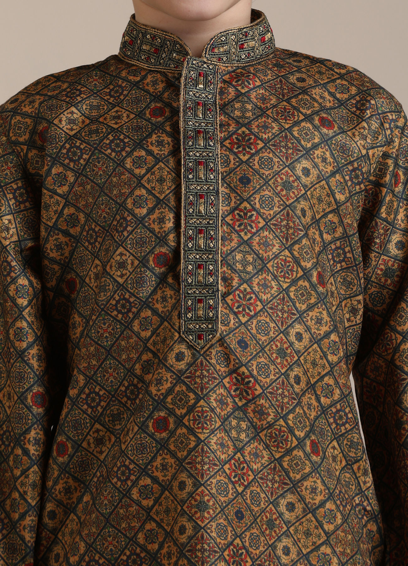 Manyavar Boys Boys Dark Green Mustard Chowkadi Motifs Kurta Set
