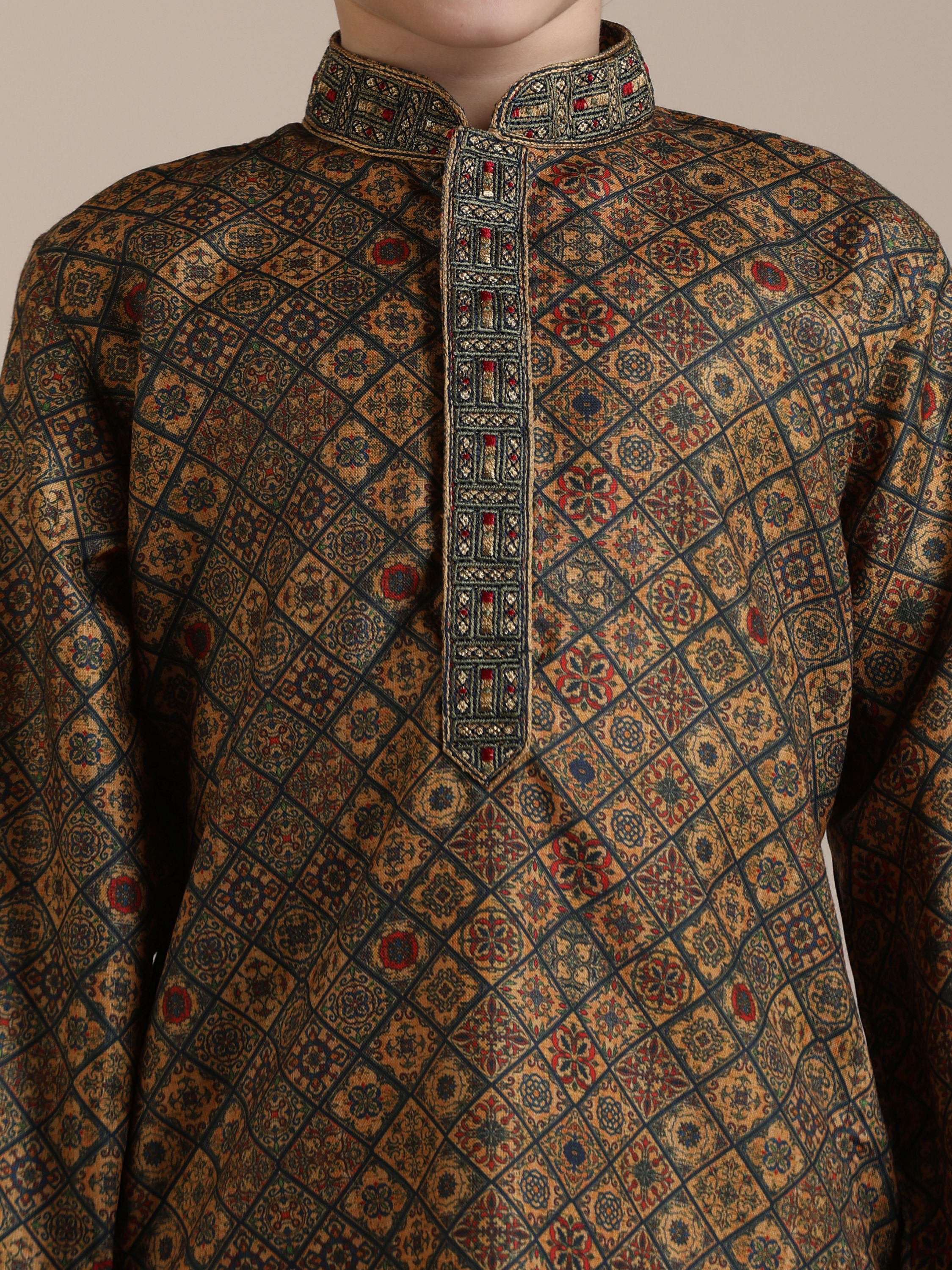 Manyavar Boys Boys Dark Green Mustard Chowkadi Motifs Kurta Set