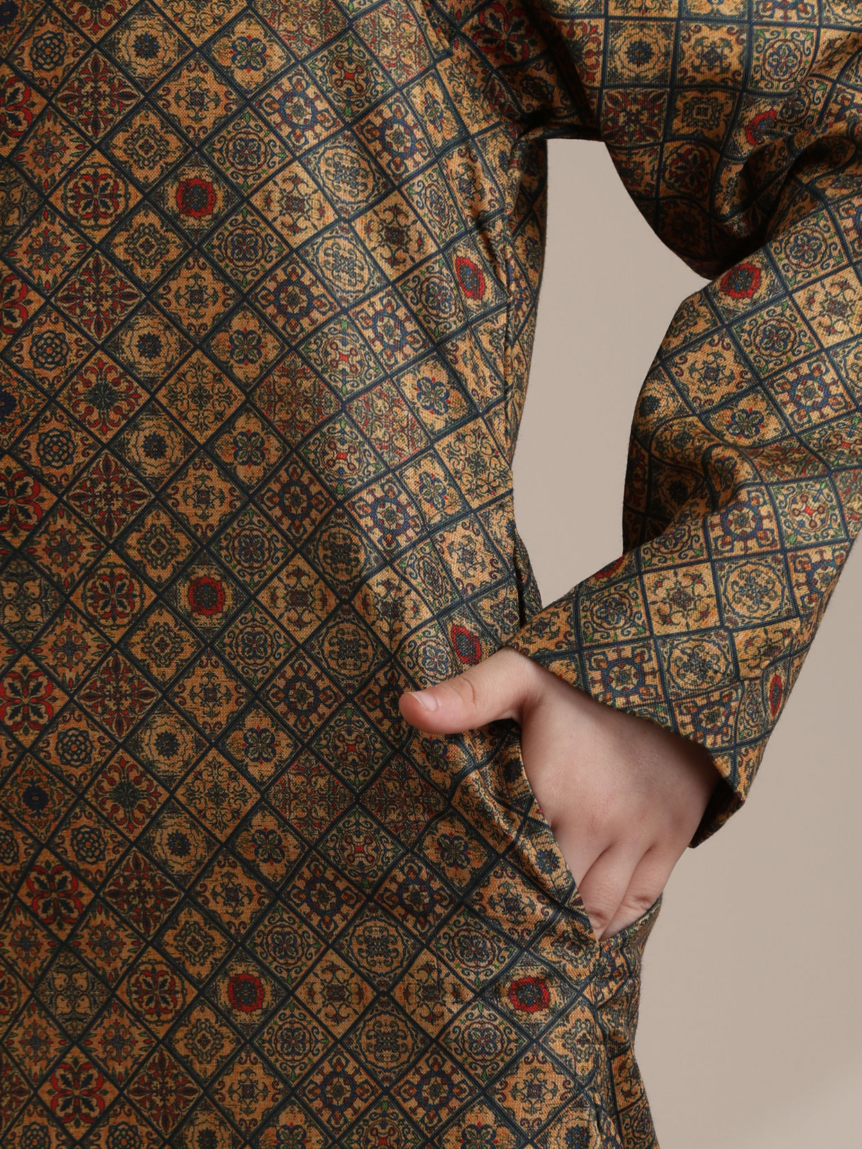 Manyavar Boys Boys Dark Green Mustard Chowkadi Motifs Kurta Set