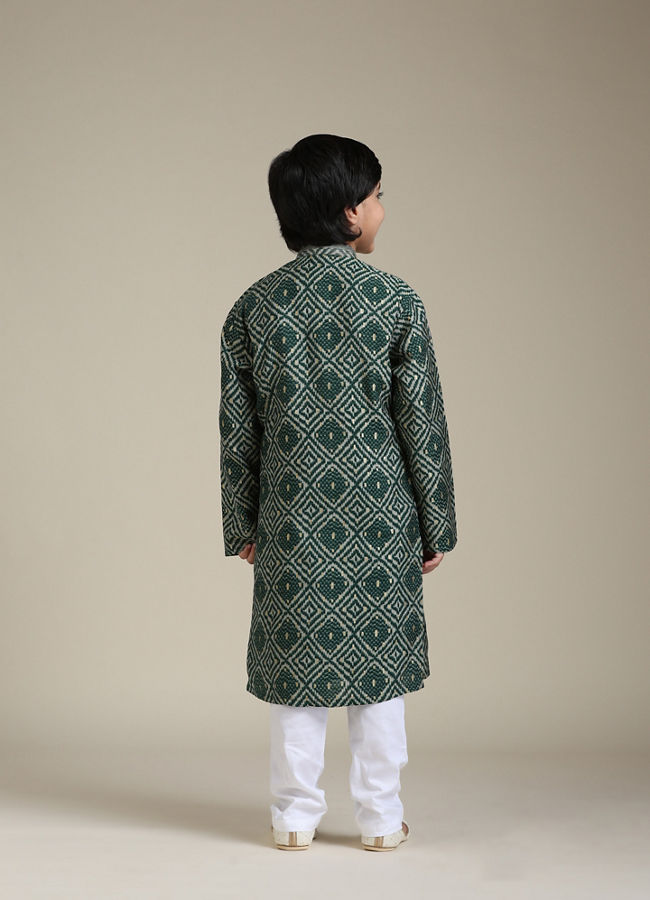 Manyavar Boys Boys Bottle Green Chowkadi Motif Printed Kurta Set