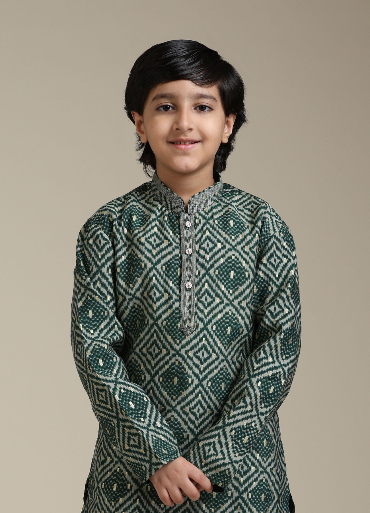 Manyavar Boys Boys Bottle Green Chowkadi Motif Printed Kurta Set