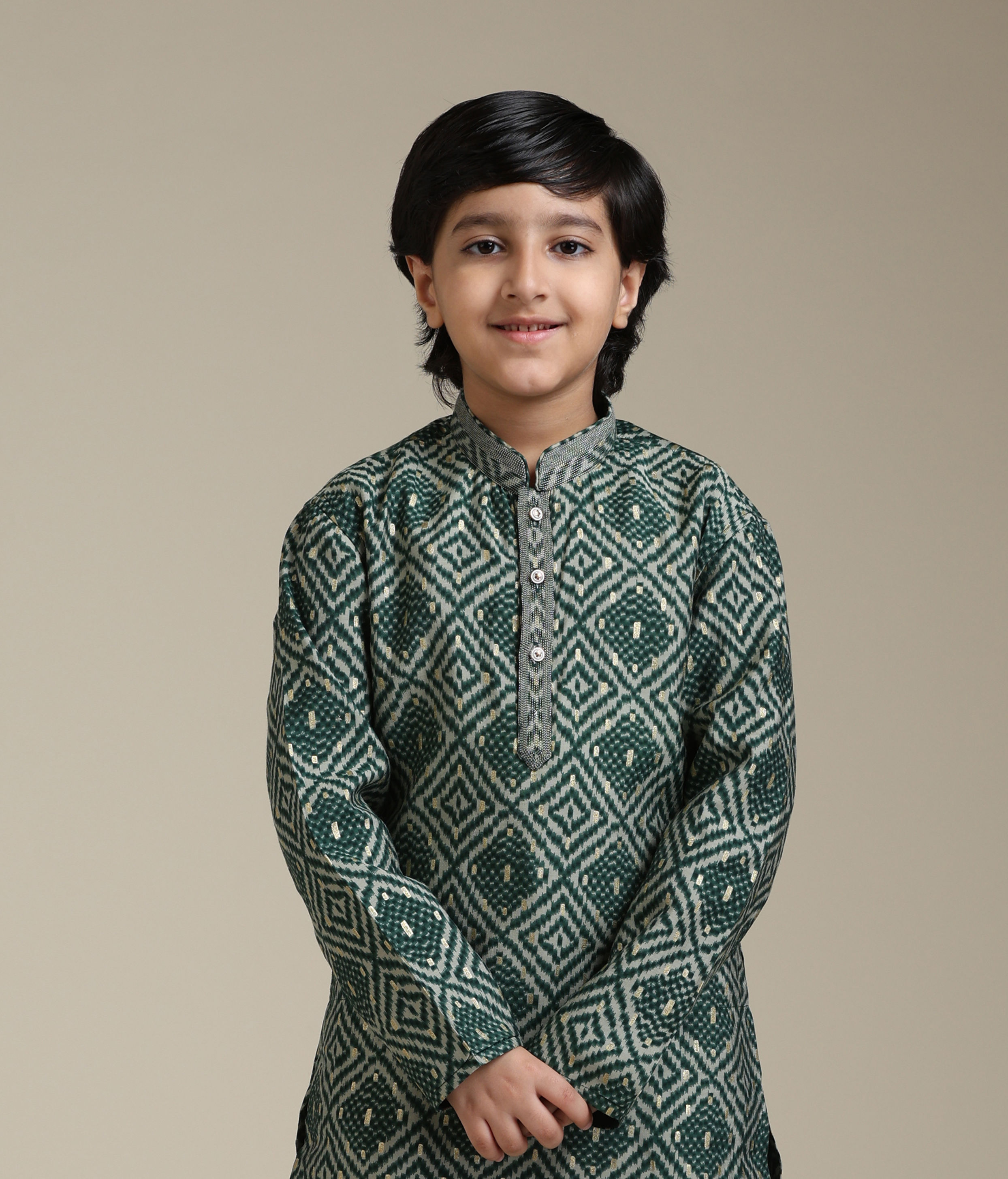 Manyavar Boys Boys Bottle Green Chowkadi Motif Printed Kurta Set