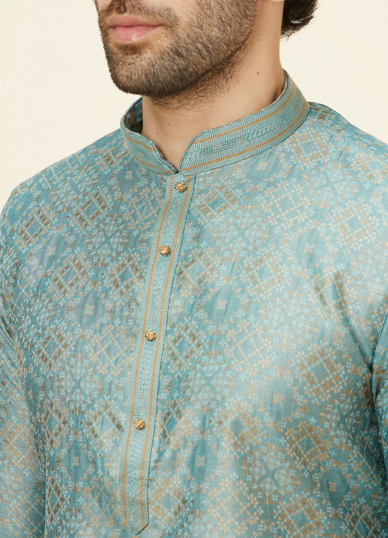 Manyavar Men Sage Green Lattice Patterned Kurta Set