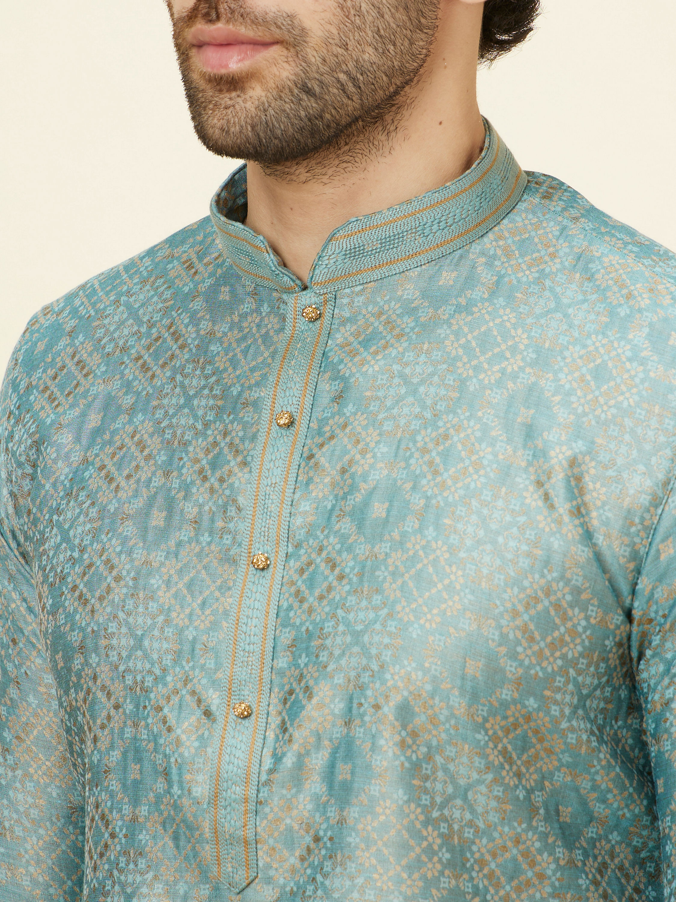 Manyavar Men Sage Green Lattice Patterned Kurta Set