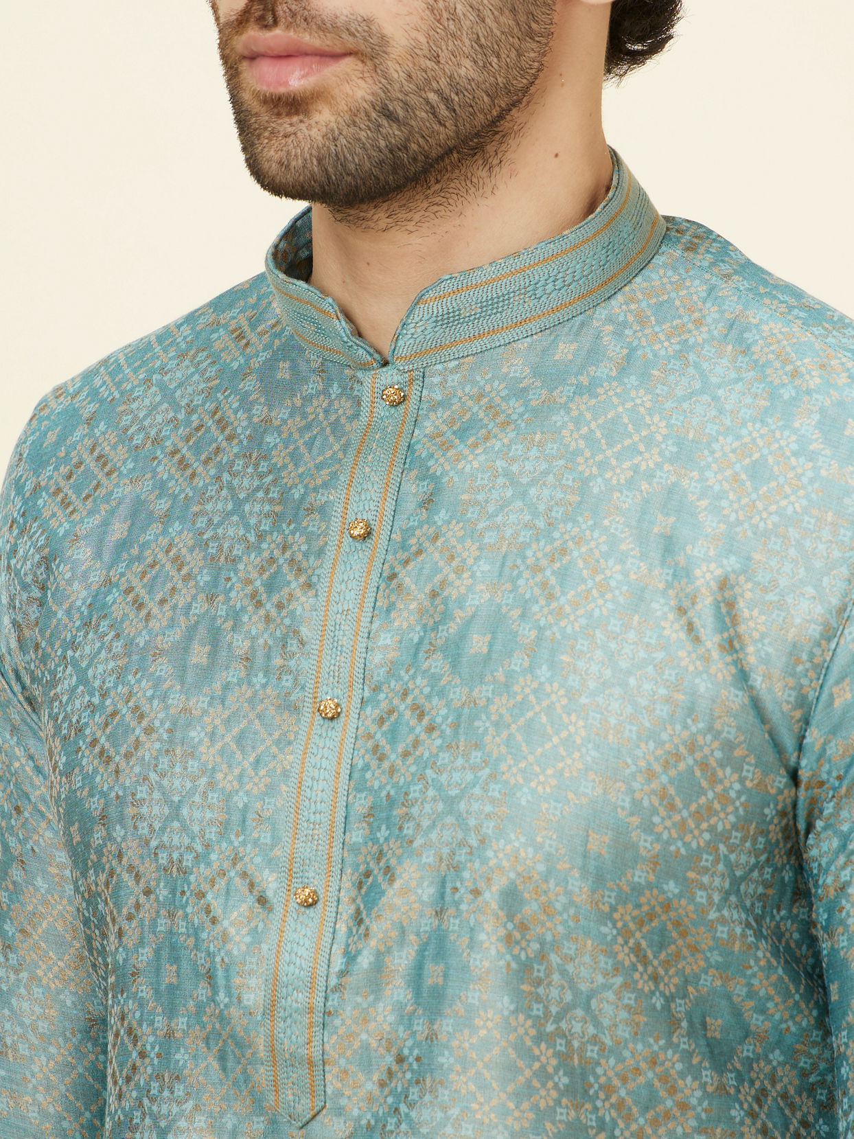 alt message - Manyavar Men Sage Green Lattice Patterned Kurta Set image number 1