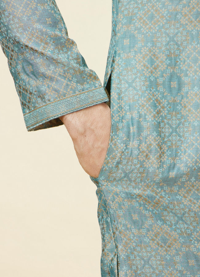 Manyavar Men Sage Green Lattice Patterned Kurta Set