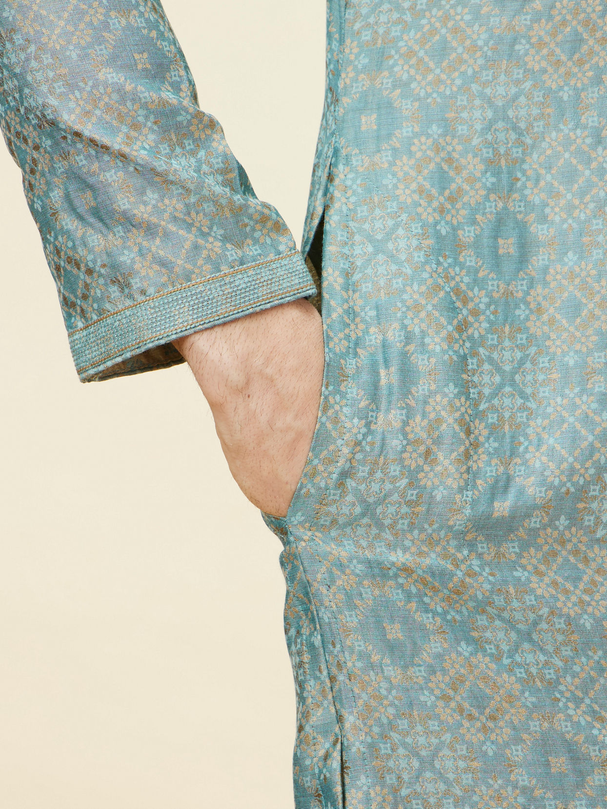 Manyavar Men Sage Green Lattice Patterned Kurta Set