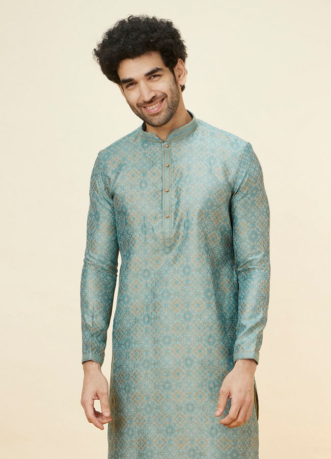 alt message - Manyavar Men Sage Green Lattice Patterned Kurta Set image number 0