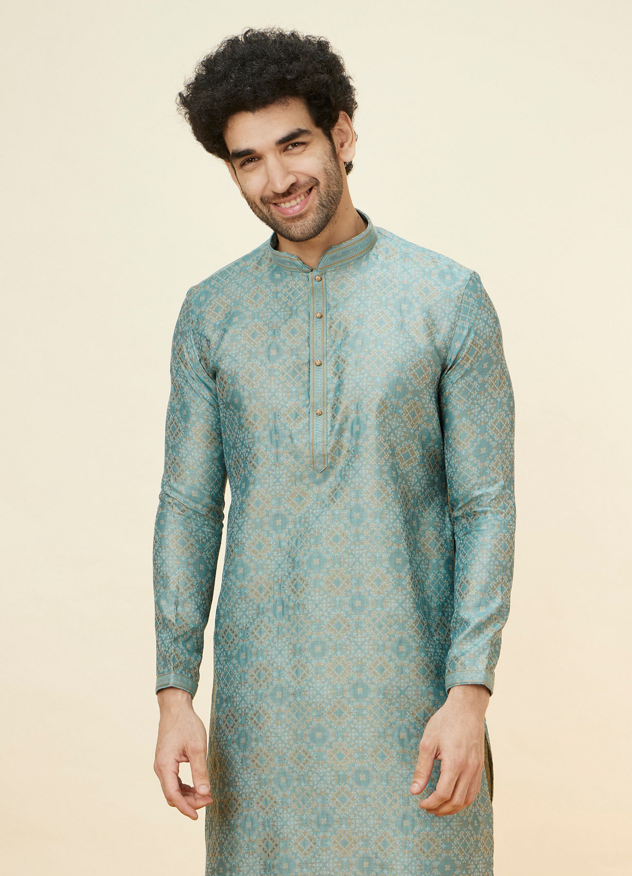 Manyavar Men Sage Green Lattice Patterned Kurta Set