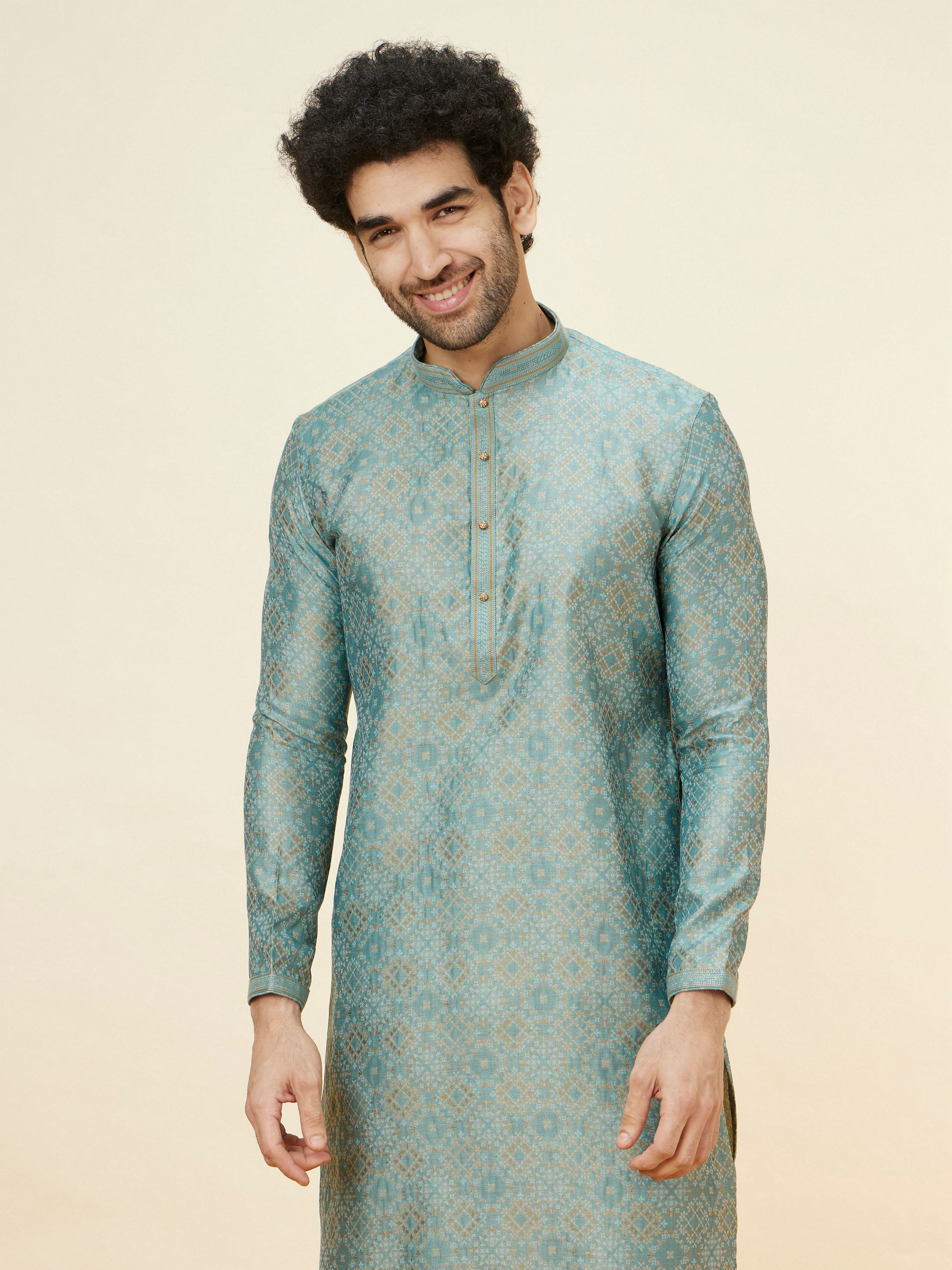 Manyavar Men Sage Green Lattice Patterned Kurta Set
