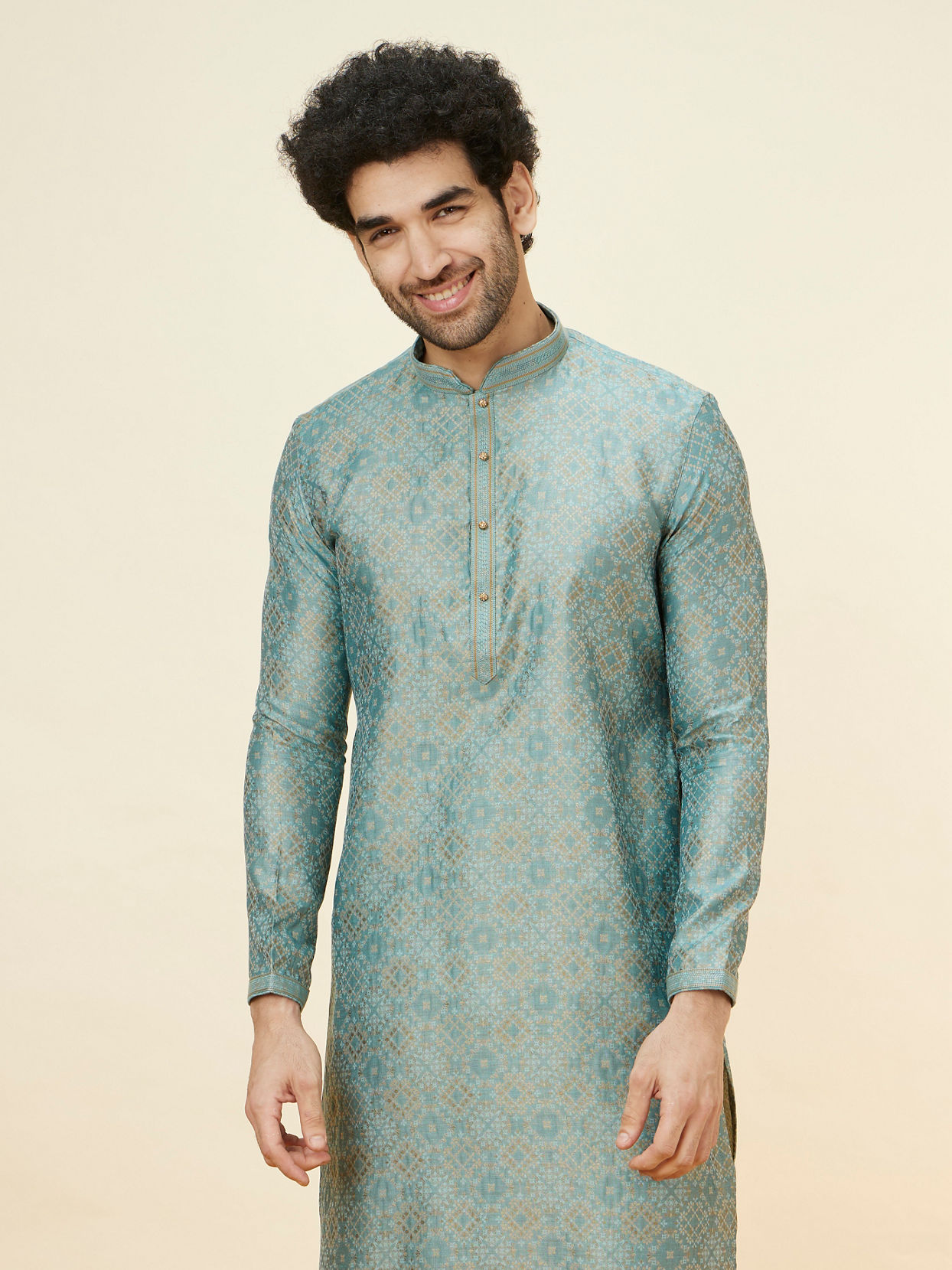 alt message - Manyavar Men Sage Green Lattice Patterned Kurta Set image number 0