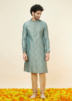 alt message - Manyavar Men Sage Green Lattice Patterned Kurta Set image number 2