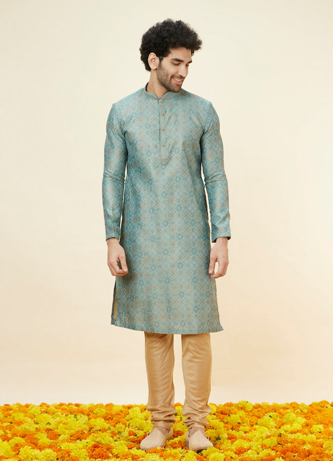 Manyavar Men Sage Green Lattice Patterned Kurta Set