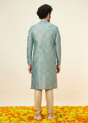 alt message - Manyavar Men Sage Green Lattice Patterned Kurta Set image number 5