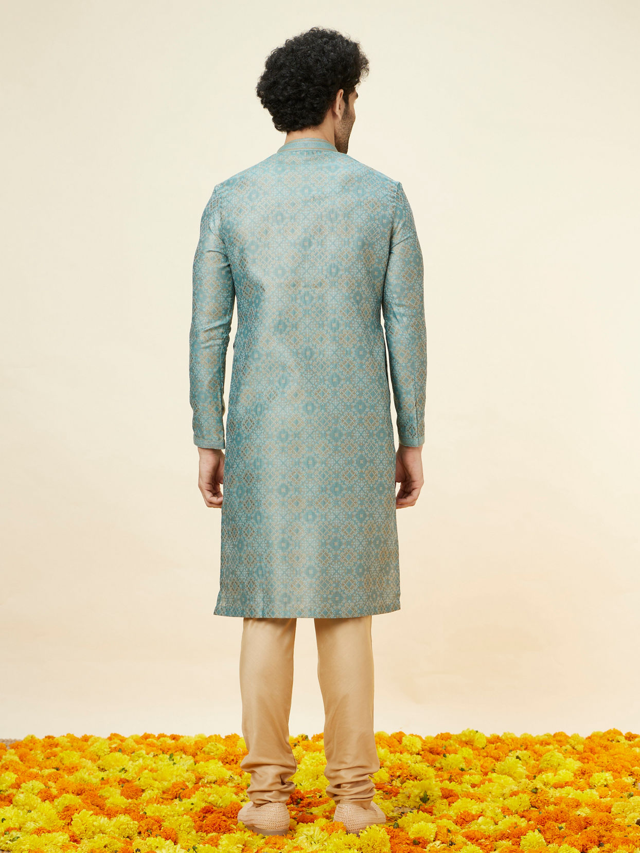 Manyavar Men Sage Green Lattice Patterned Kurta Set