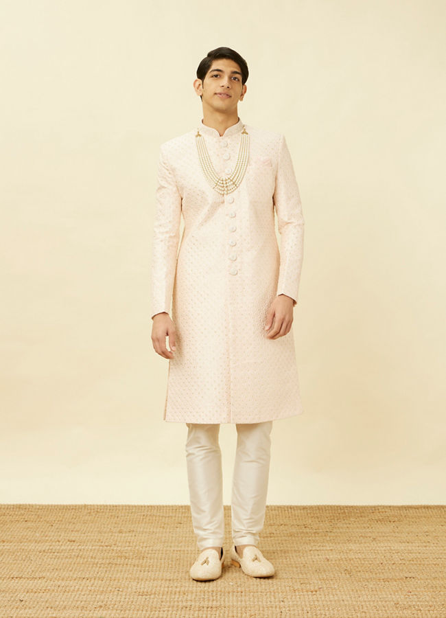 Manyavar Men Rosewater Pink Ogee Patterned Sequined Sherwani Set