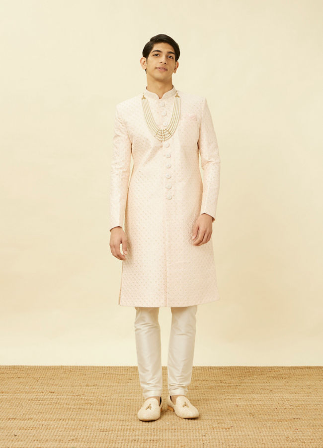 alt message - Manyavar Men Rosewater Pink Ogee Patterned Sequined Sherwani Set image number 2