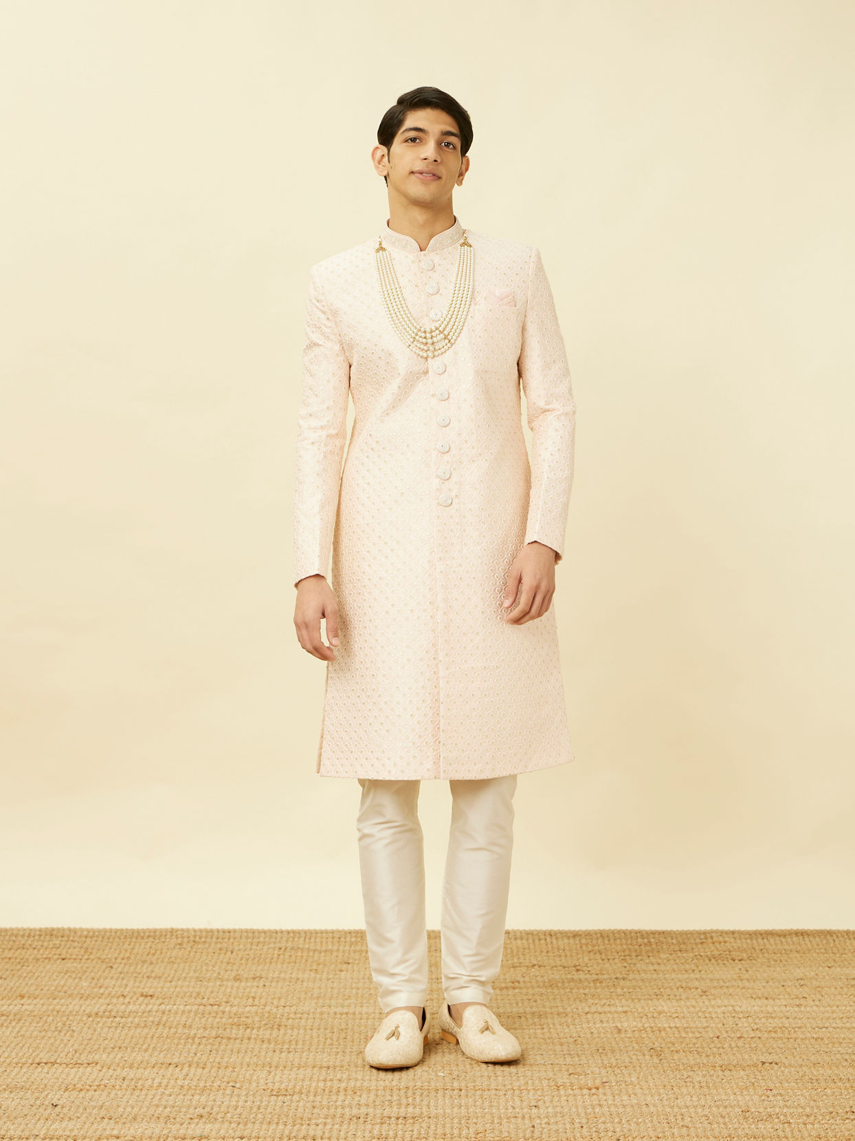 Manyavar Men Rosewater Pink Ogee Patterned Sequined Sherwani Set