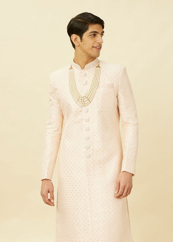 Manyavar Men Rosewater Pink Ogee Patterned Sequined Sherwani Set