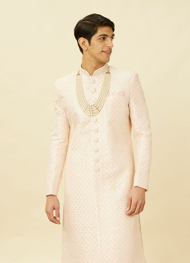 alt message - Manyavar Men Rosewater Pink Ogee Patterned Sequined Sherwani Set image number 0