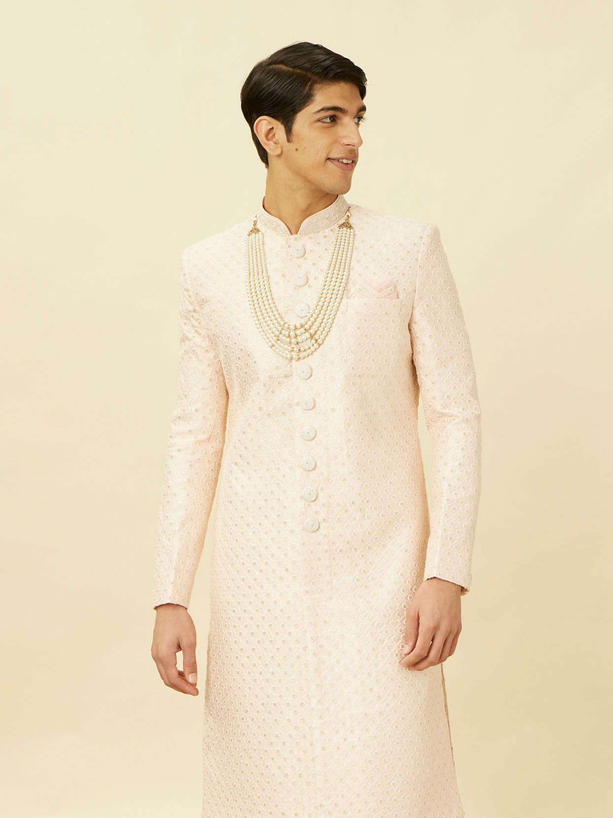 alt message - Manyavar Men Rosewater Pink Ogee Patterned Sequined Sherwani Set image number 0