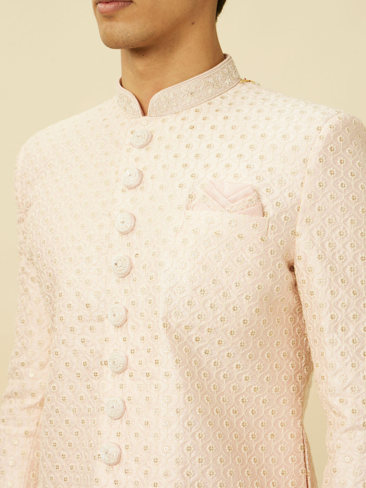 Manyavar Men Rosewater Pink Ogee Patterned Sequined Sherwani Set