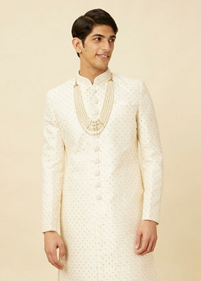Manyavar Men Pearled Ivory White Ogee Patterned Sequined Sherwani Set