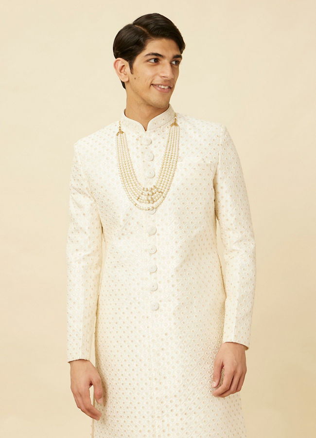 Manyavar Men Pearled Ivory White Ogee Patterned Sequined Sherwani Set