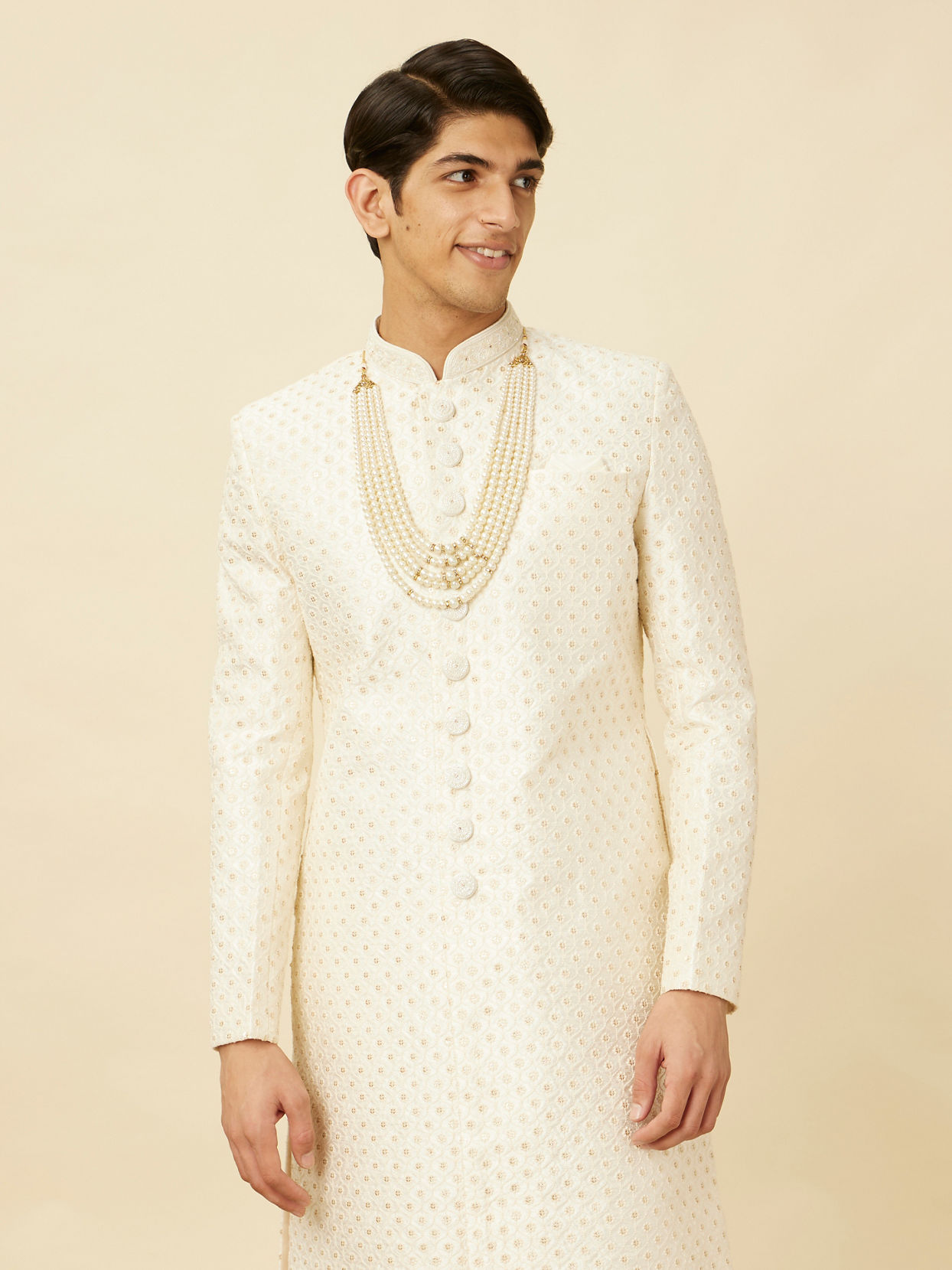 alt message - Manyavar Men Pearled Ivory White Ogee Patterned Sequined Sherwani Set image number 0