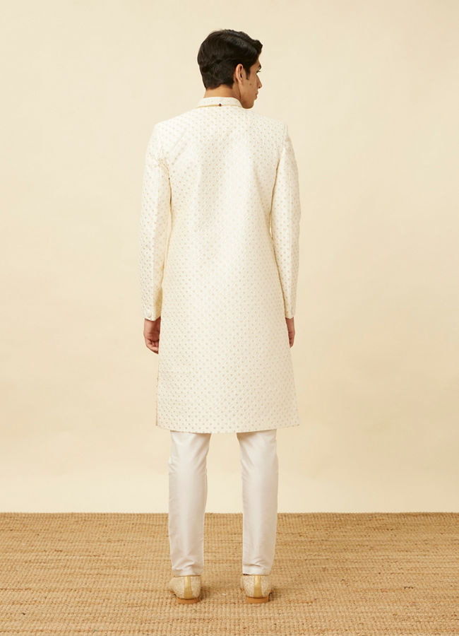 Manyavar Men Pearled Ivory White Ogee Patterned Sequined Sherwani Set