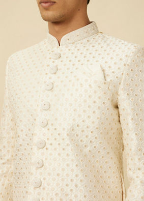 Manyavar Men Pearled Ivory White Ogee Patterned Sequined Sherwani Set