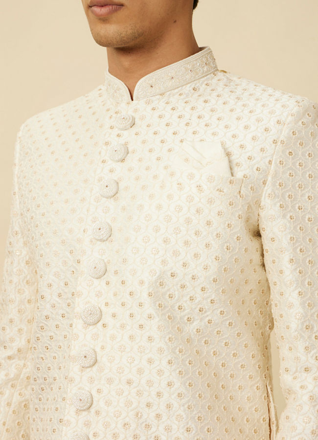 alt message - Manyavar Men Pearled Ivory White Ogee Patterned Sequined Sherwani Set image number 1