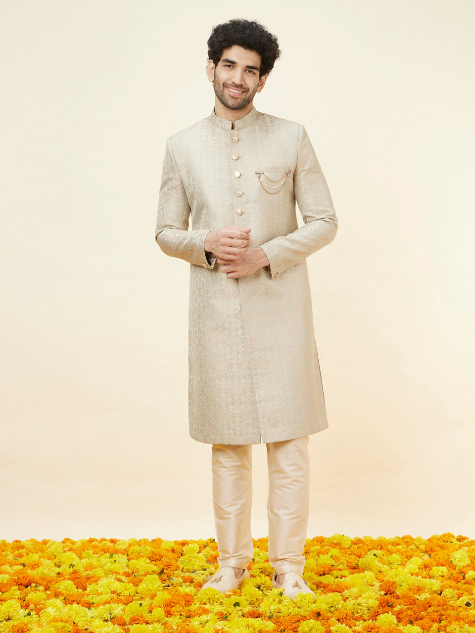 Manyavar Men Veiled Rose Pink Medallion Patterned Sherwani