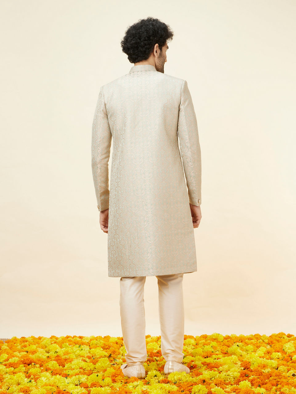 Manyavar Men Veiled Rose Pink Medallion Patterned Sherwani