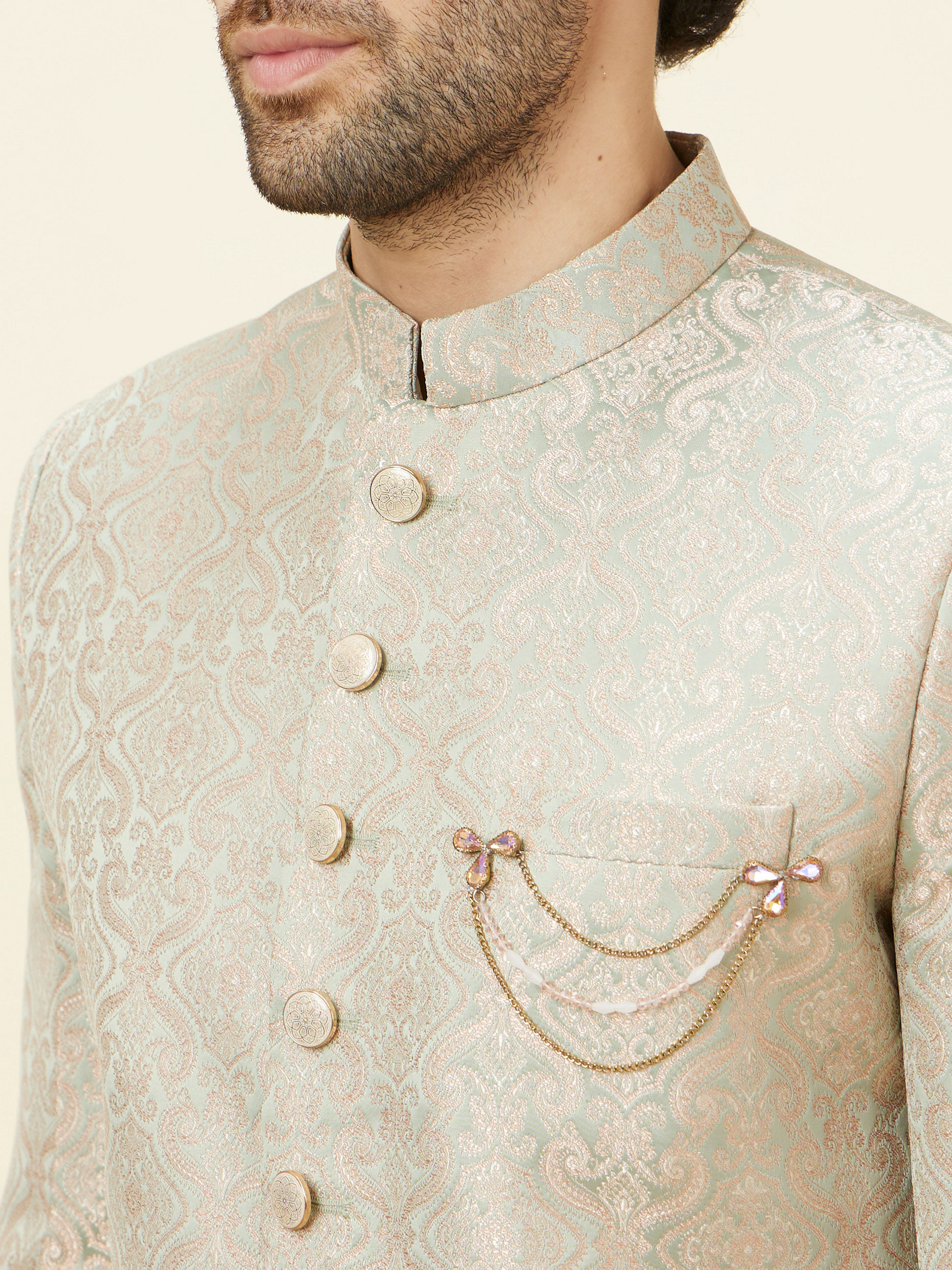 Manyavar Men Veiled Rose Pink Medallion Patterned Sherwani