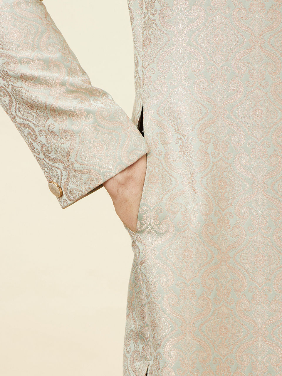 Manyavar Men Veiled Rose Pink Medallion Patterned Sherwani