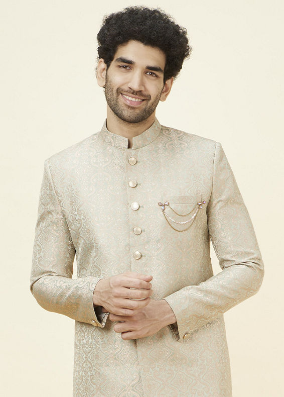 Manyavar Men Veiled Rose Pink Medallion Patterned Sherwani