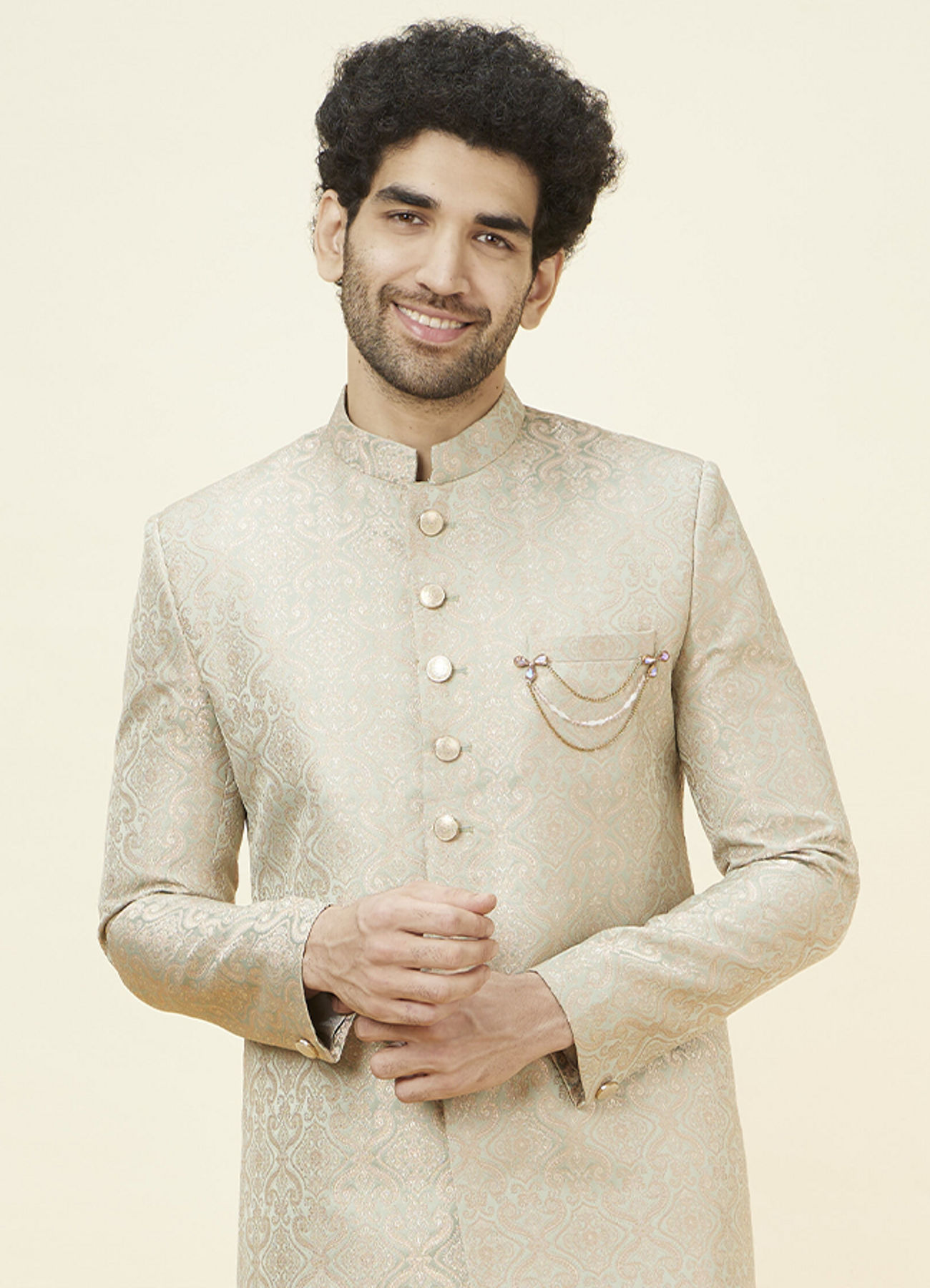 Manyavar Men Veiled Rose Pink Medallion Patterned Sherwani