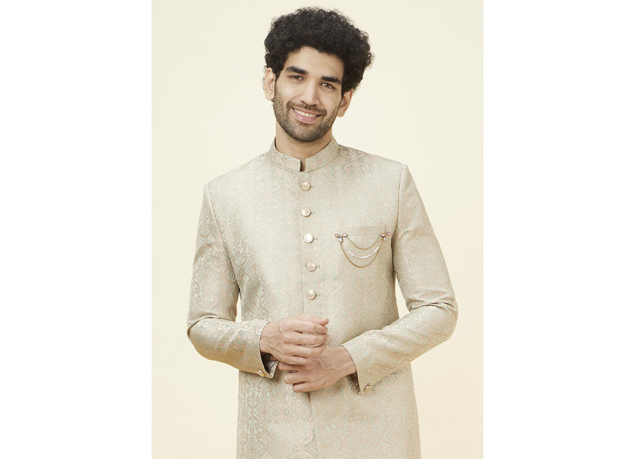 Manyavar Men Veiled Rose Pink Medallion Patterned Sherwani
