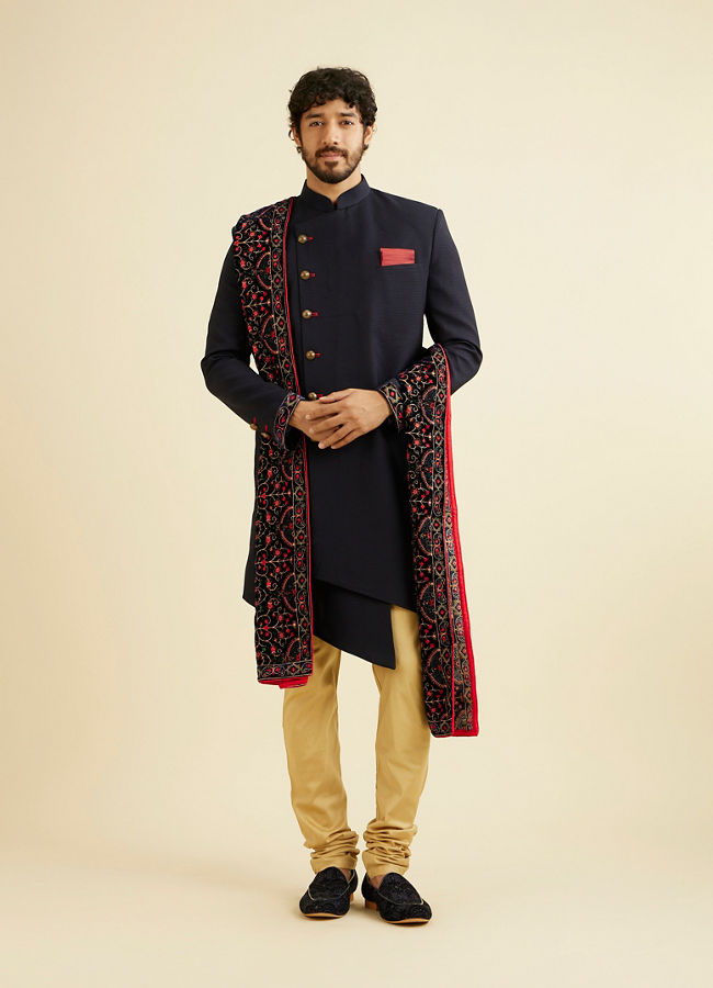 Manyavar Men Classy Blue Indo Western Set
