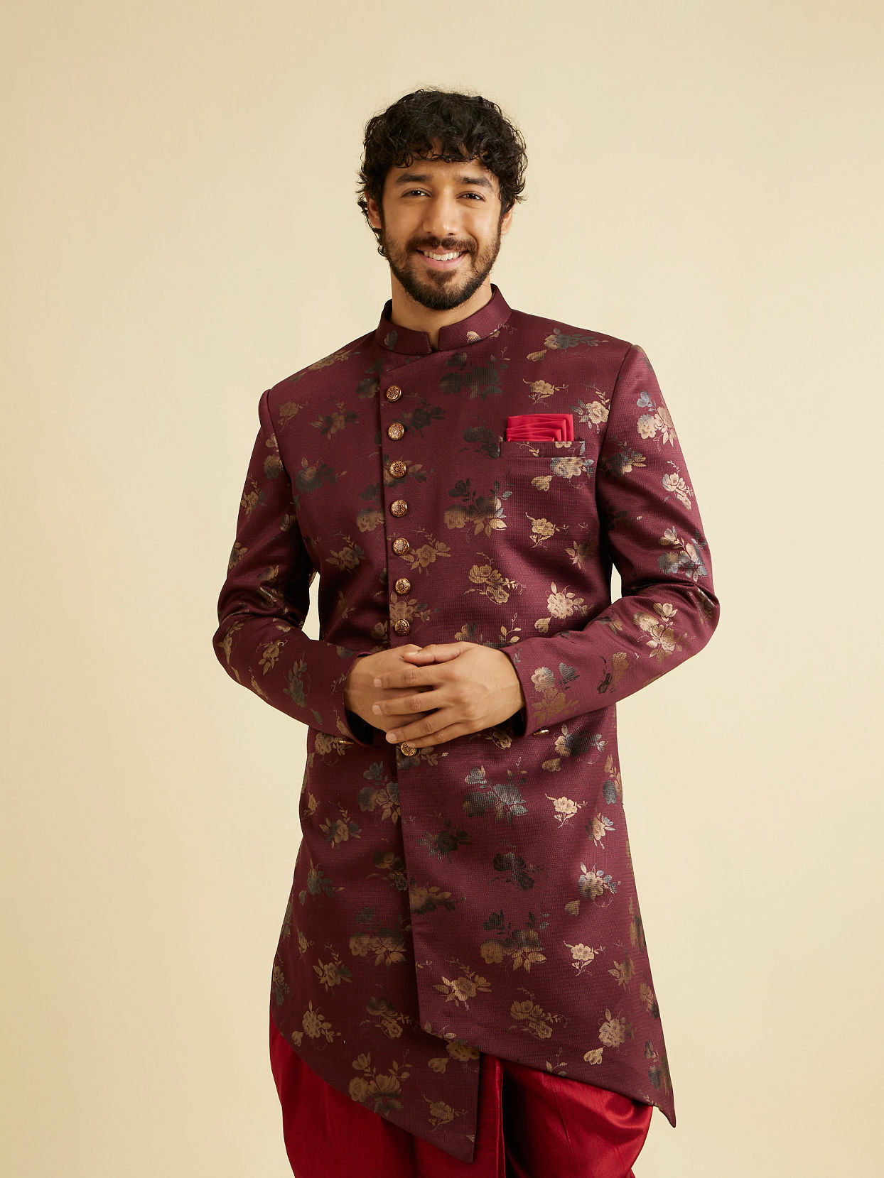 alt message - Manyavar Men Timeless Maroon Indo-Western Set image number 0