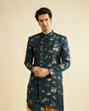 Manyavar Men Printed Bottle Green Indo Western Set
