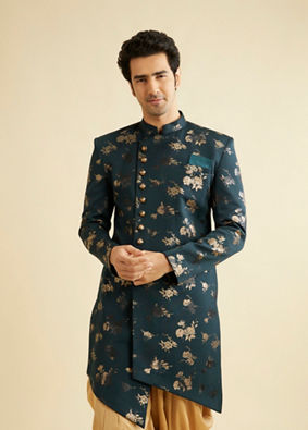 Manyavar Men Printed Bottle Green Indo Western Set