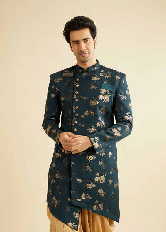 Manyavar Men Printed Bottle Green Indo Western Set